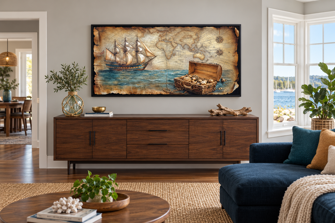 Framed pirate ship wall art with a vintage map and treasure chest above a wooden sideboard.