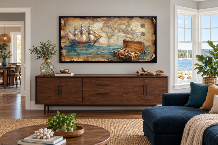 Framed pirate ship wall art with a vintage map and treasure chest above a wooden sideboard.