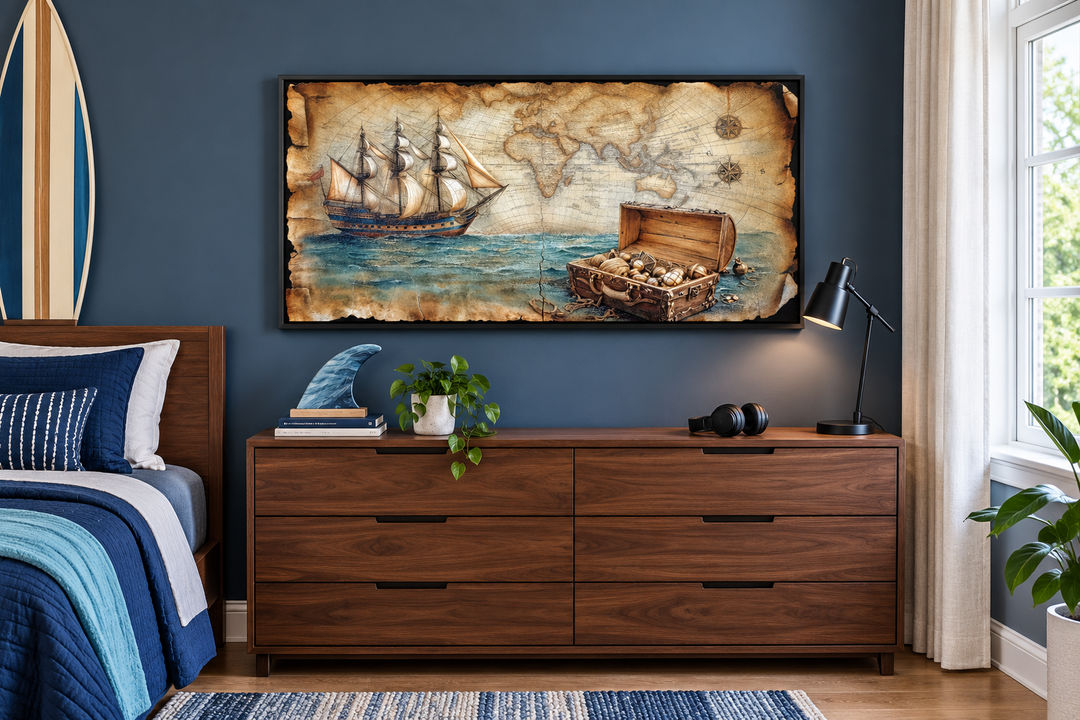 Framed nautical canvas art featuring a pirate ship, vintage map, and treasure chest over a dresser.