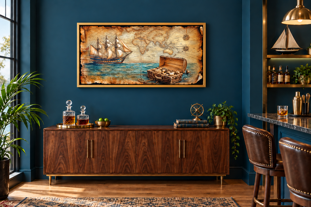 Nautical framed canvas wall art of a pirate ship, vintage map, and treasure chest above a sideboard.