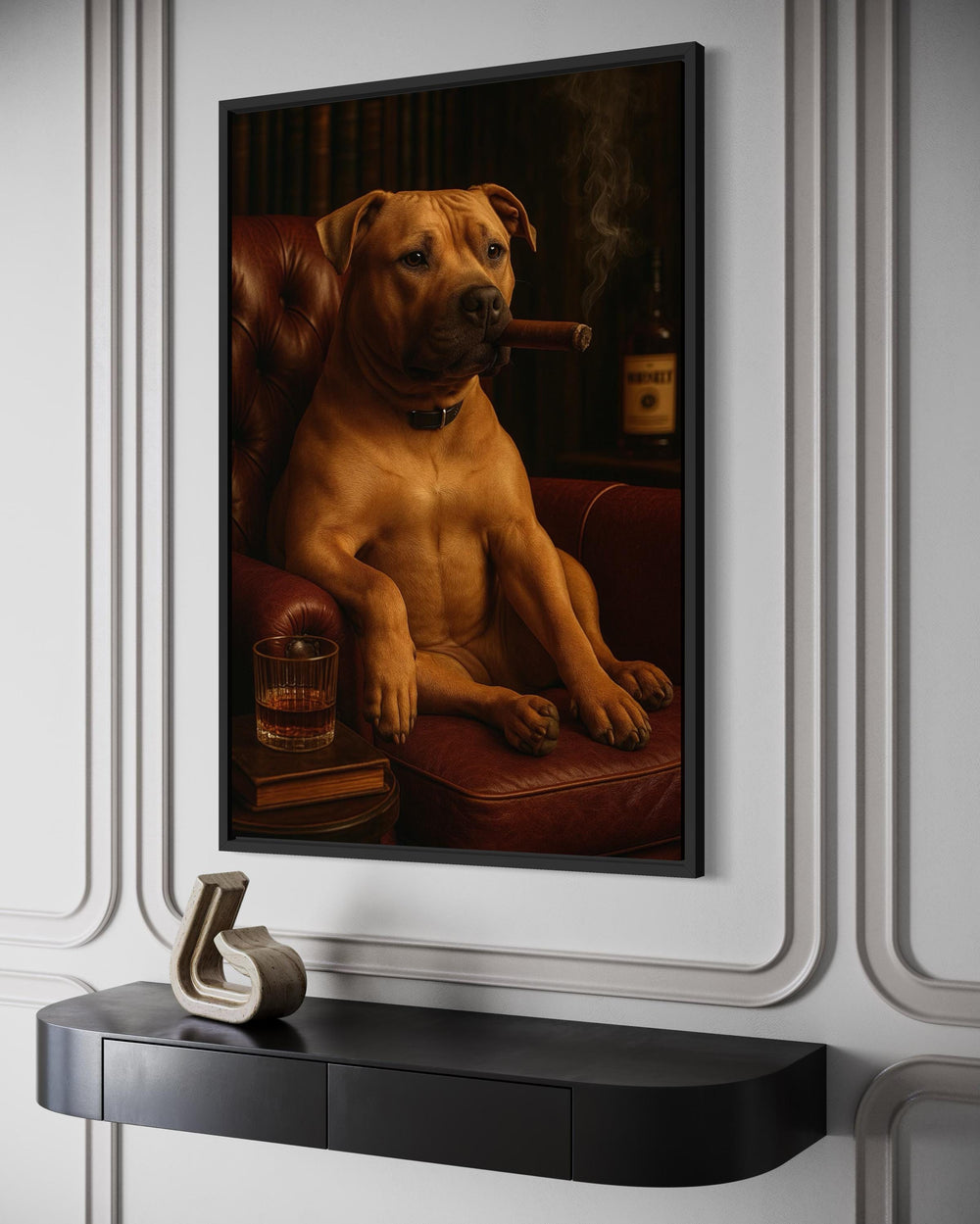 Pitbull Drinking Whiskey and Smoking Cigar Canvas Wall Art