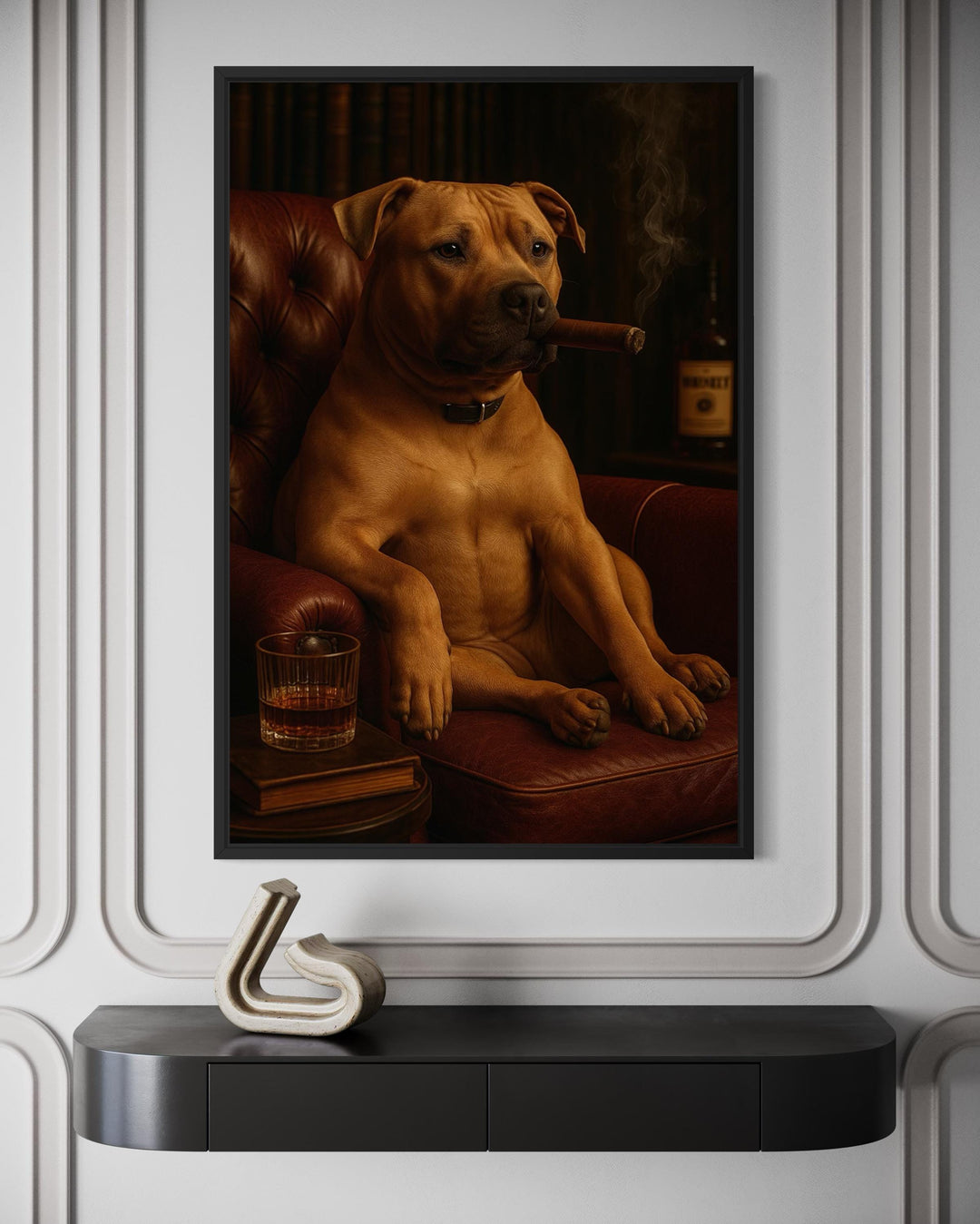 Pitbull Drinking Whiskey and Smoking Cigar Canvas Wall Art