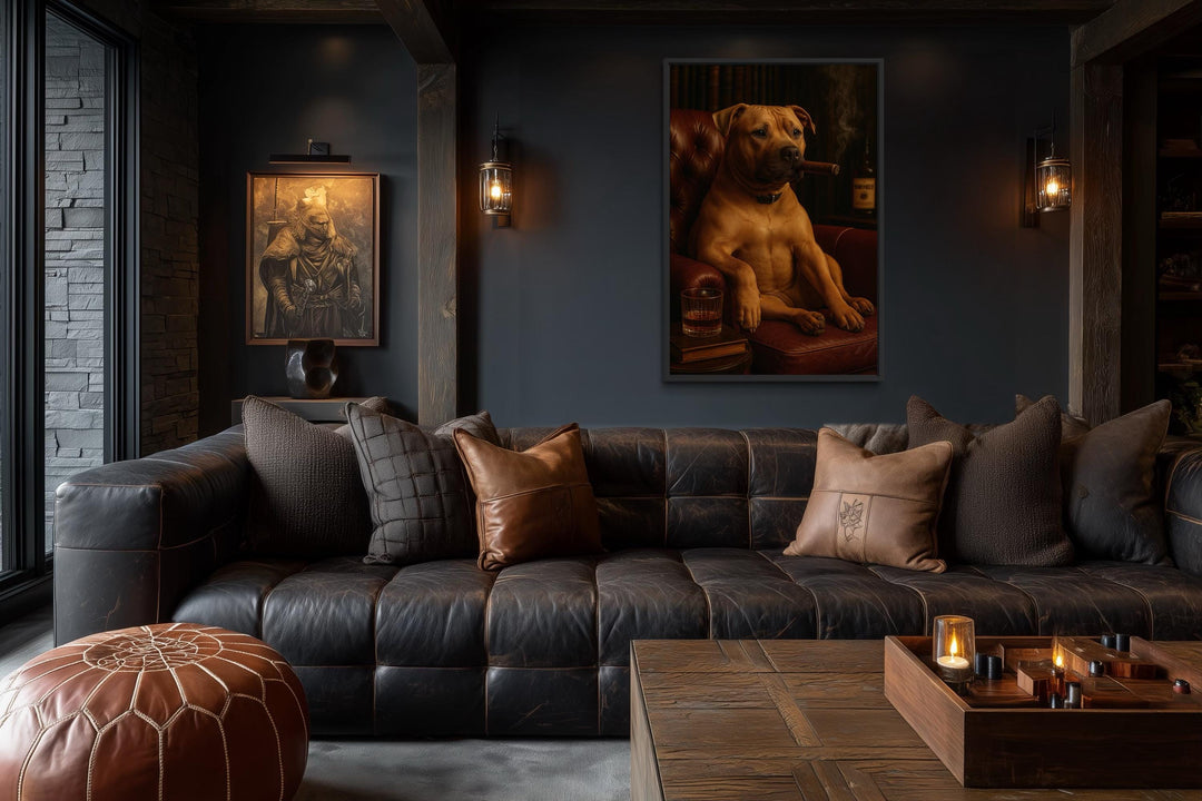 Pitbull Drinking Whiskey and Smoking Cigar Canvas Wall Art