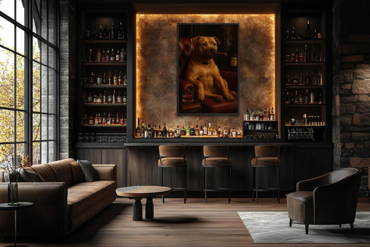 Pitbull Drinking Whiskey and Smoking Cigar Canvas Wall Art
