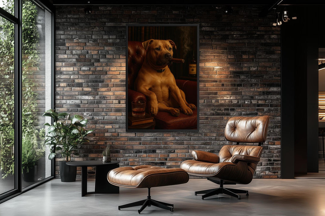 Pitbull Drinking Whiskey and Smoking Cigar Canvas Wall Art