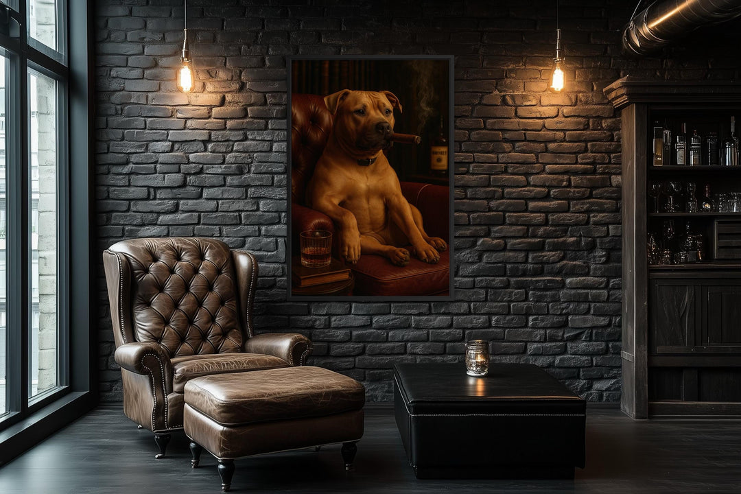 Pitbull Drinking Whiskey and Smoking Cigar Canvas Wall Art