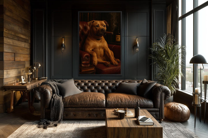 Pitbull Drinking Whiskey and Smoking Cigar Canvas Wall Art