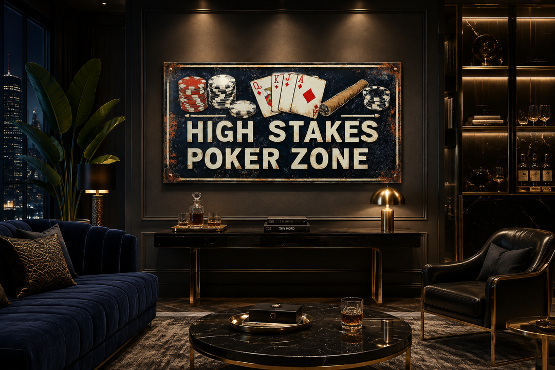 Vintage-style High Stakes Poker Zone sign on a dark wall in a sophisticated game room setting.