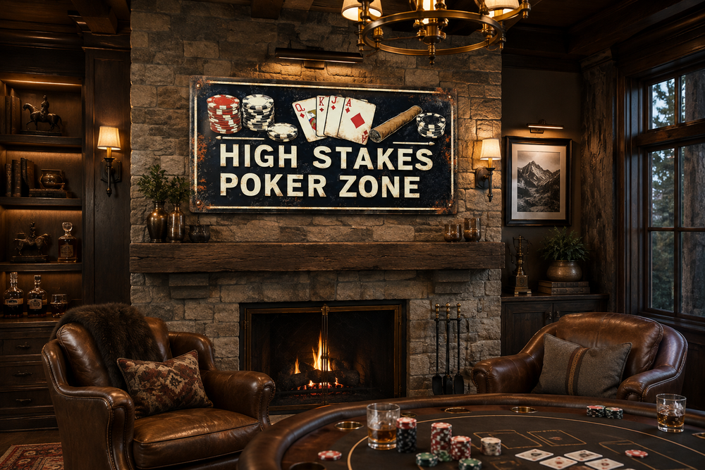 Vintage-style High Stakes Poker Zone sign on a stone fireplace in a rustic game room with armchairs.