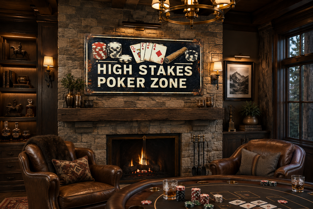 Vintage-style High Stakes Poker Zone sign on a stone fireplace in a rustic game room with armchairs.