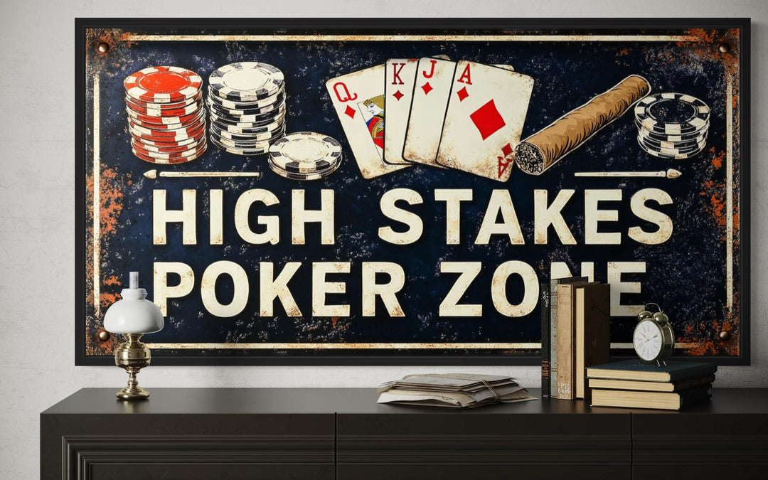 Vintage-style High Stakes Poker Zone wall art featuring poker chips, cards, and a cigar.