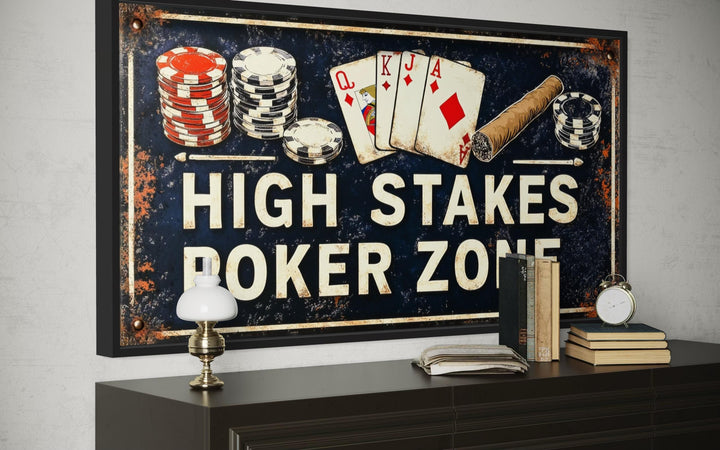 Vintage-style High Stakes Poker Zone sign featuring poker chips, cards, and a cigar on a dark wall.