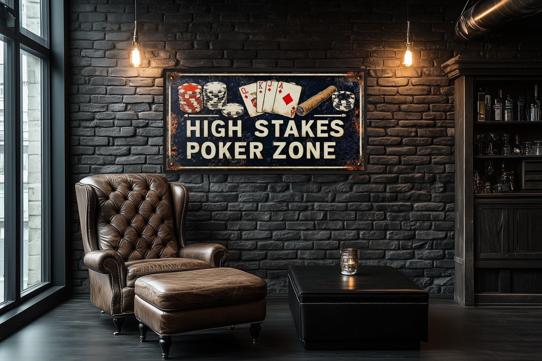 High Stakes Poker Zone vintage sign on a black brick wall above a leather chair and ottoman.