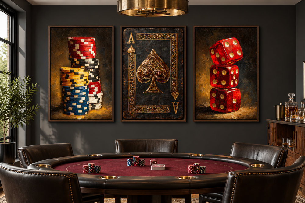 Set of 3 casino wall art pieces featuring poker chips, an ace of spades, and red dice in a game room.
