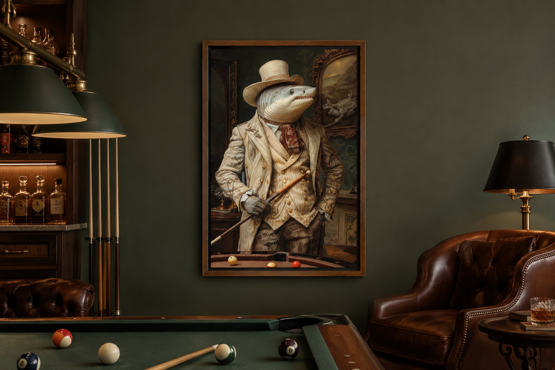 Framed canvas art of a shark in a suit holding a pool cue, hanging in a classic billiards room.