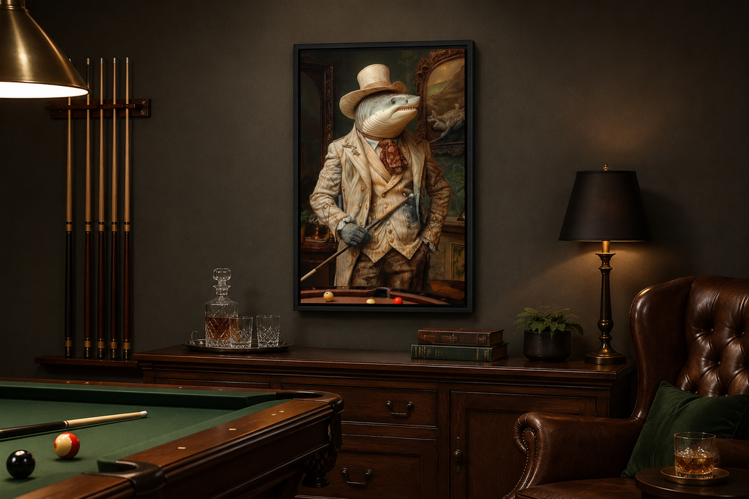 Framed canvas wall art of a dapper shark in a suit and top hat in a classic billiards room.