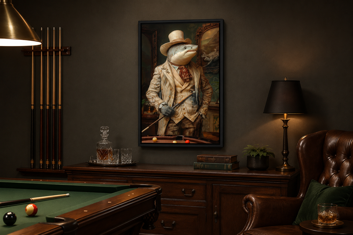 Framed canvas wall art of a dapper shark in a suit and top hat in a classic billiards room.