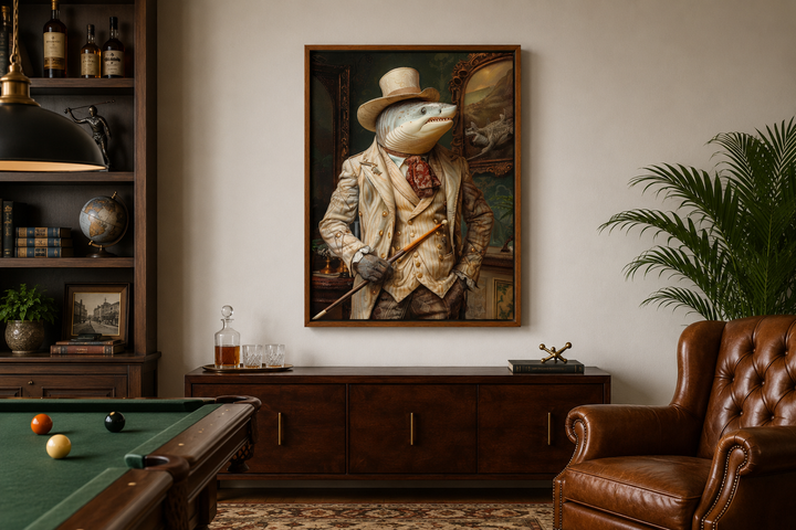 Framed canvas wall art of a dapper shark in a suit, hanging in a sophisticated billiards room.