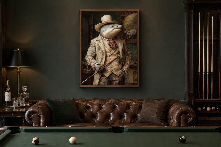 Framed canvas art of a shark in a suit and top hat, hanging in a billiards room above a leather sofa.