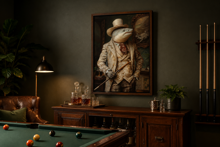 Framed canvas wall art of a shark in a gentleman's suit hanging in a dark billiards room.