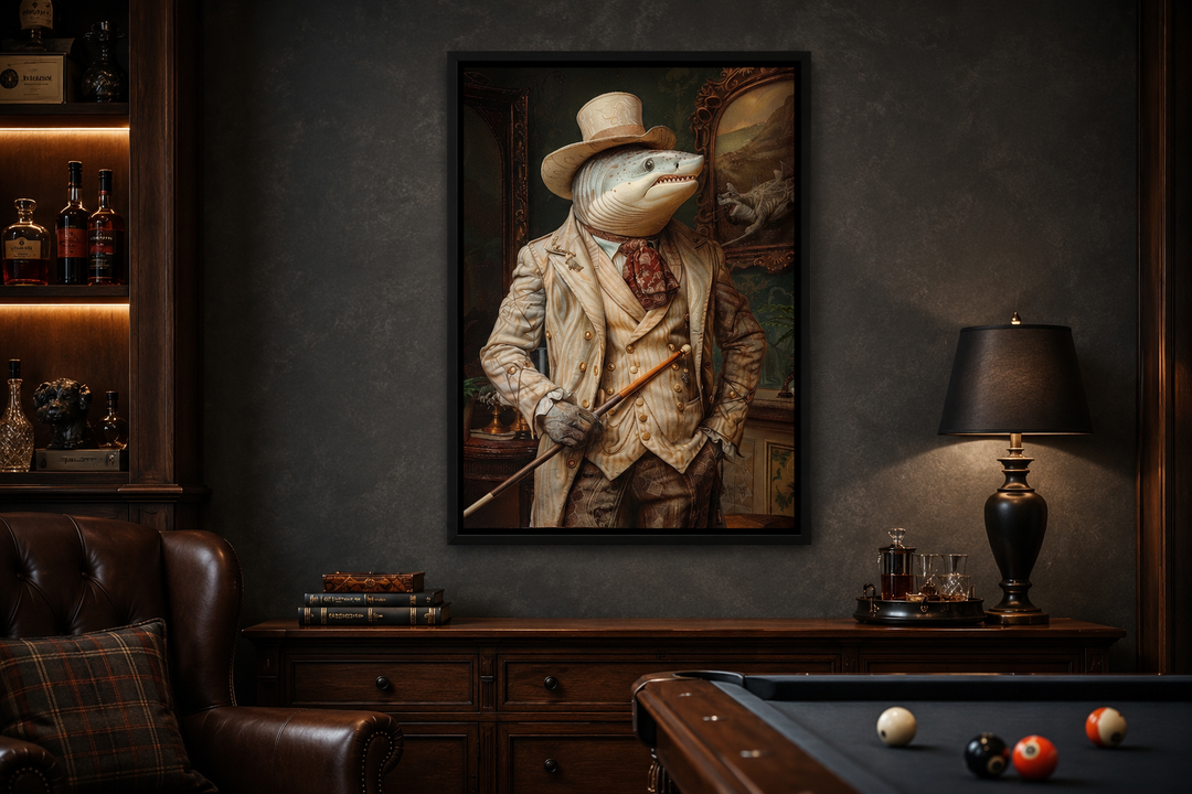 Framed canvas wall art of a dapper shark in a suit hanging in a dark, elegant billiards room.
