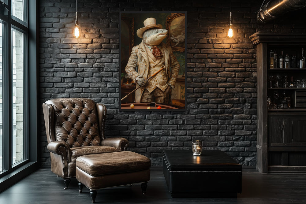 Framed canvas art of a shark in a suit and top hat playing billiards on a black brick wall.