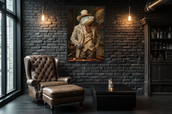 Framed canvas art of a shark in a suit and top hat playing billiards on a black brick wall.