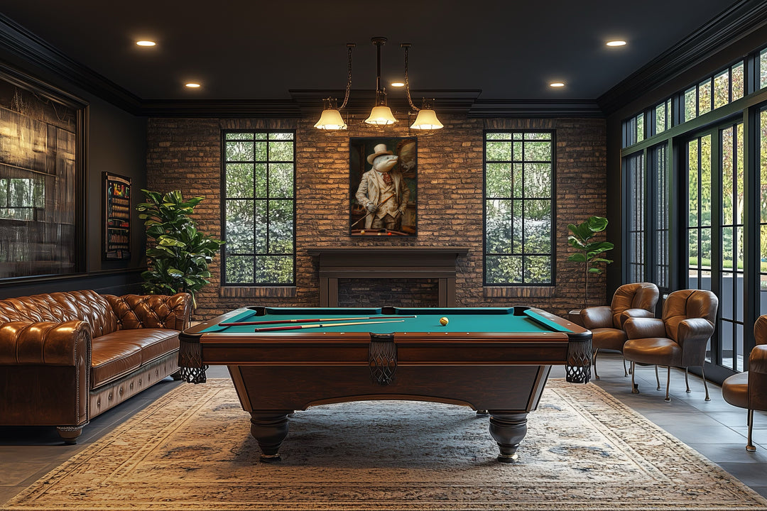 Framed canvas wall art of a shark in a suit hanging above a fireplace in a billiards room.