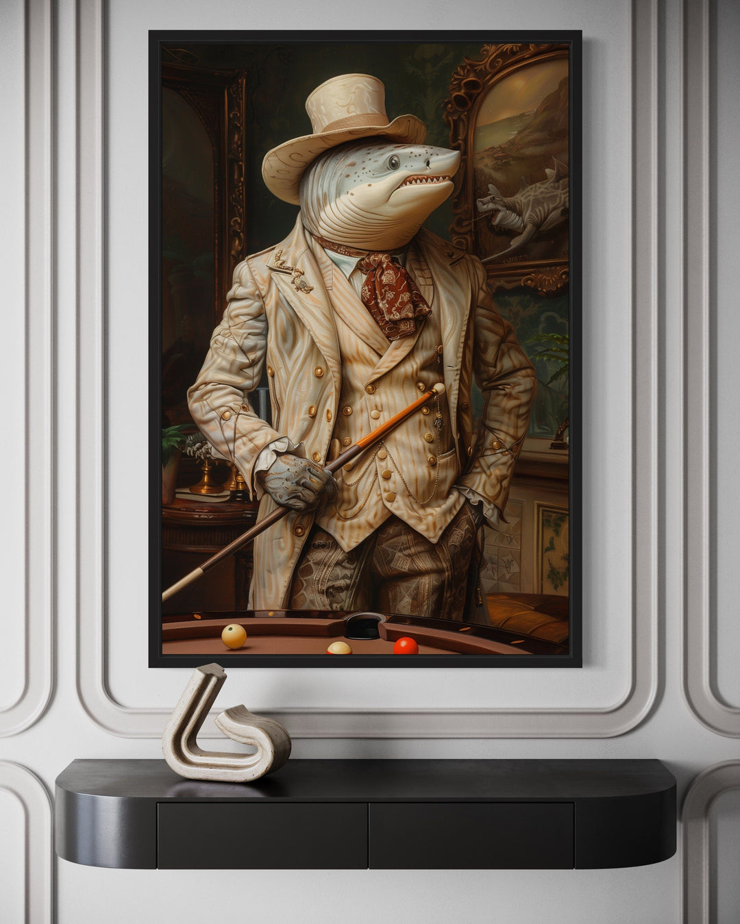 Framed canvas art of a shark in a vintage suit holding a pool cue over a billiards table.