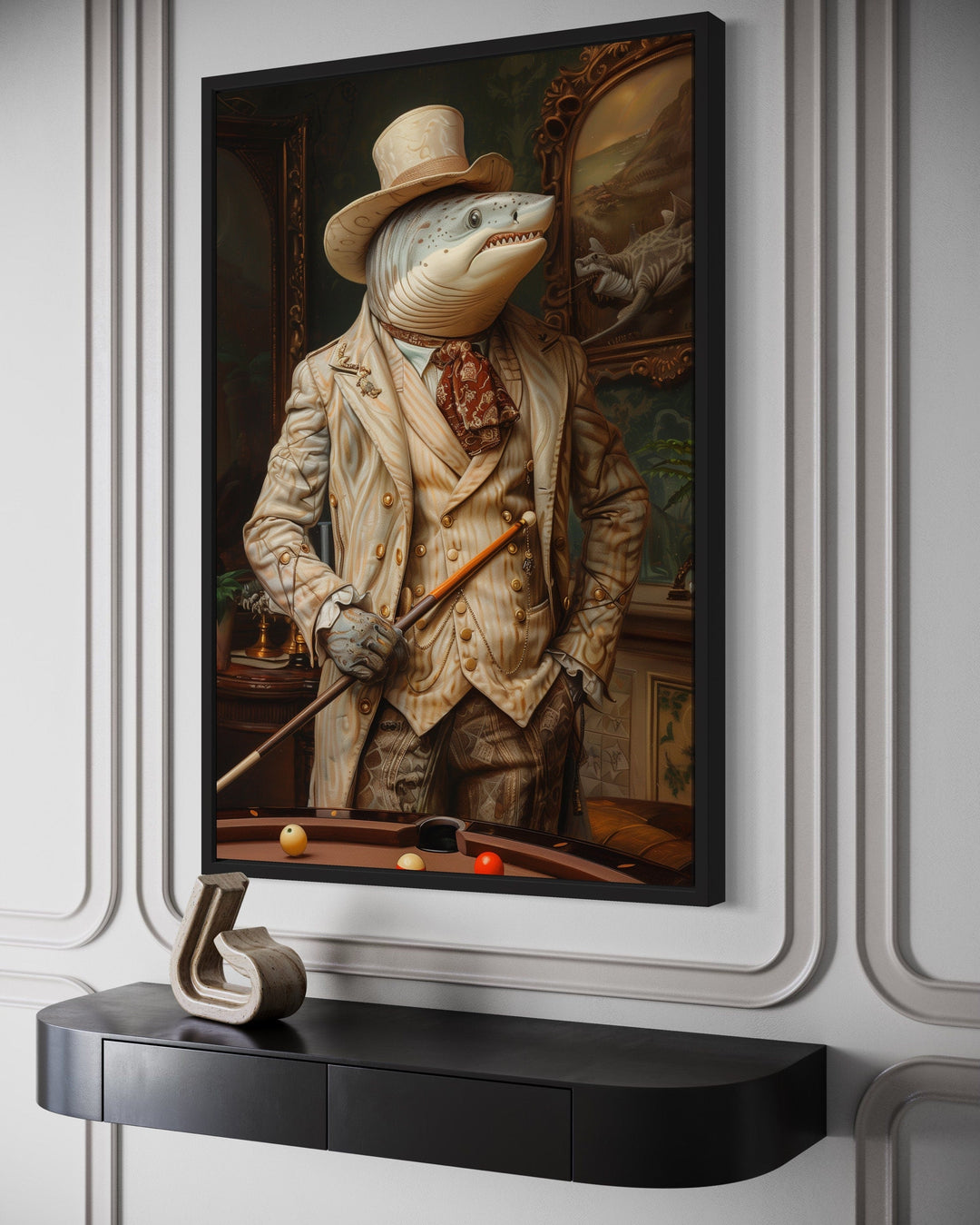 Framed canvas art of a shark in a suit holding a pool cue above a black console table.