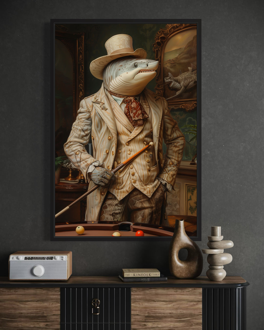 Framed canvas art of a shark in a suit and top hat holding a pool cue in a billiards room.