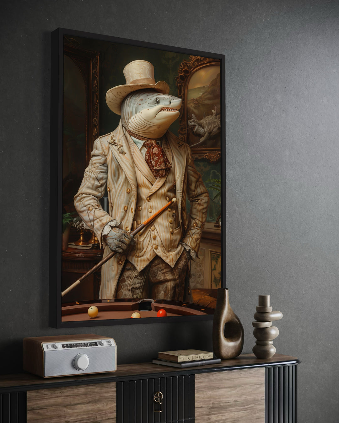 Framed canvas wall art of a shark in a suit holding a pool cue above a billiards table.