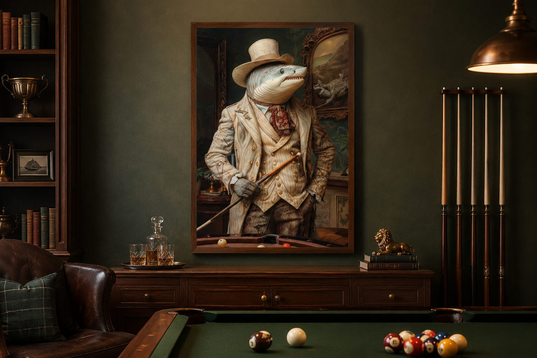 Framed canvas wall art of a shark dressed as a gentleman in a suit, hanging in a billiards room.