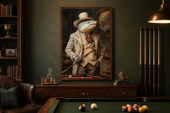 Framed canvas wall art of a shark dressed as a gentleman in a suit, hanging in a billiards room.
