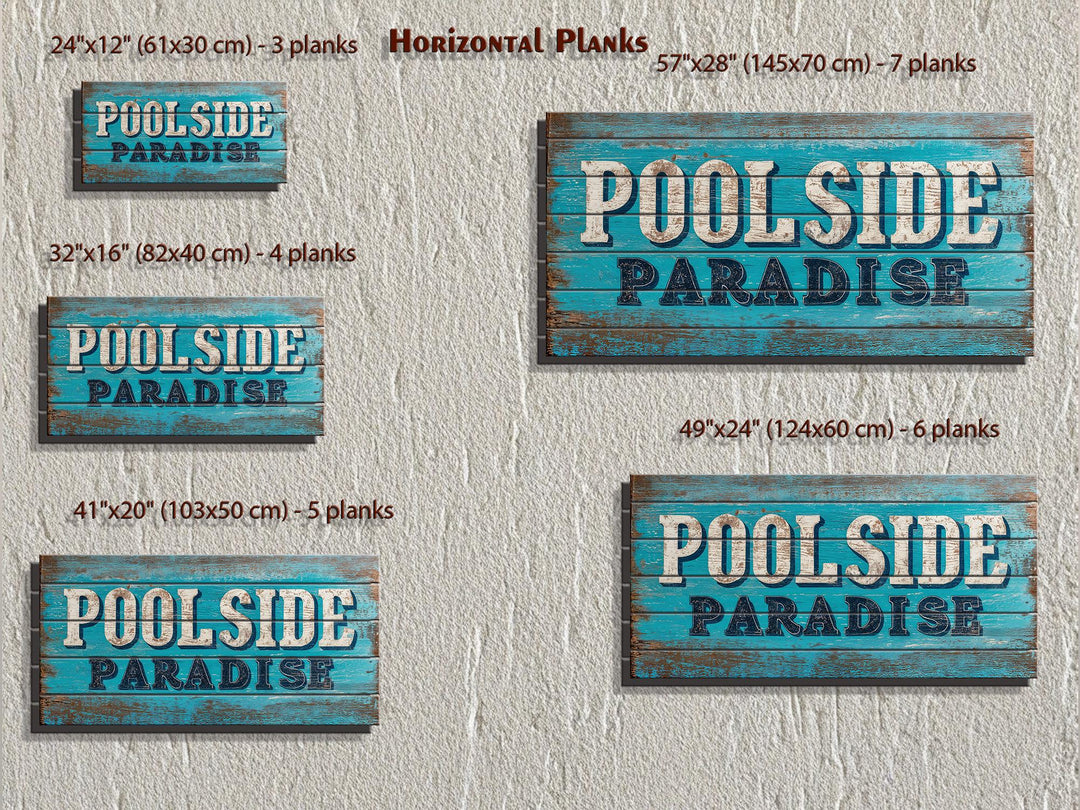 Five sizes of rustic wood wall art signs featuring Poolside Paradise in a distressed aqua design.
