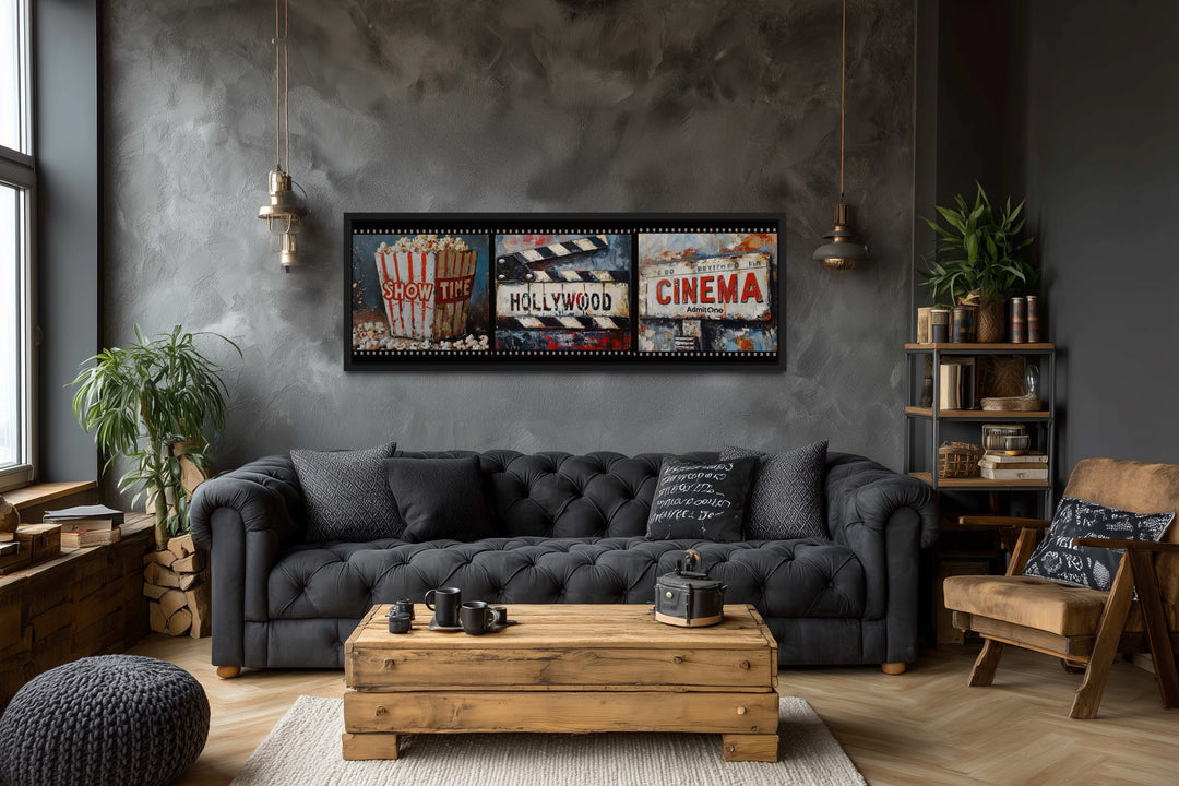 Popcorn, Clapper And Cinema Ticket Collage Framed Canvas Wall Art For Movie Room