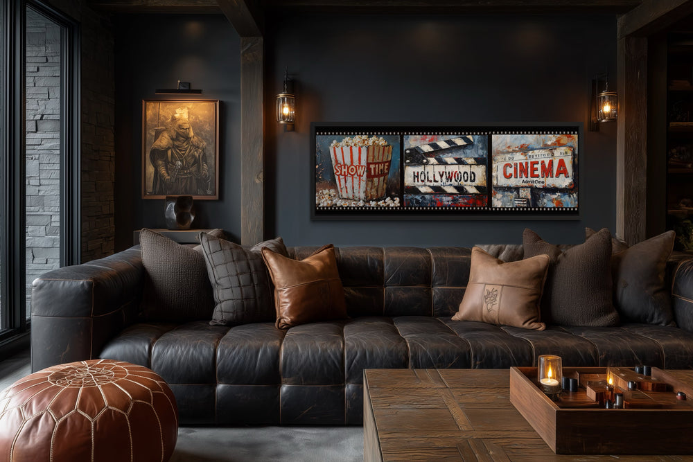 Popcorn, Clapper And Cinema Ticket Collage Framed Canvas Wall Art For Movie Room
