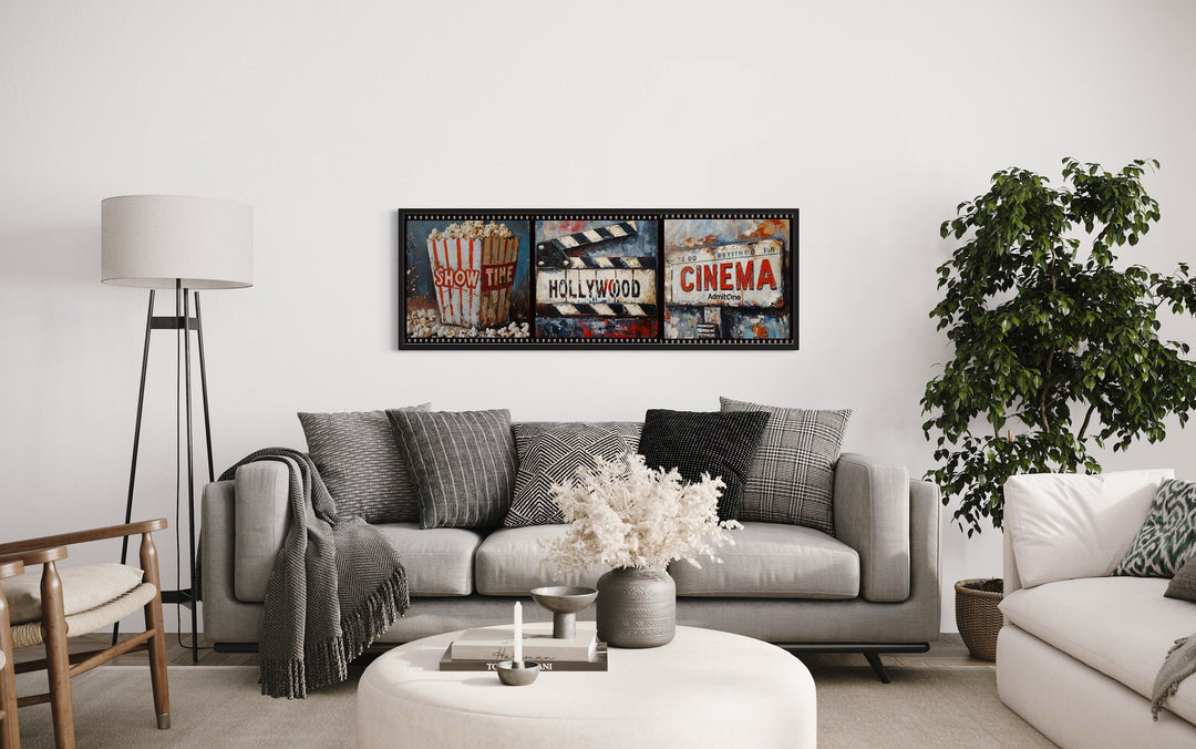 Popcorn, Clapper And Cinema Ticket Collage Framed Canvas Wall Art For Movie Room