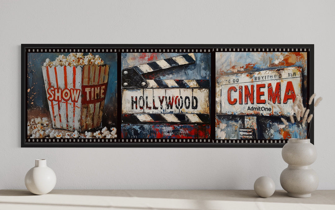 Popcorn, Clapper And Cinema Ticket Collage Framed Canvas Wall Art For Movie Room