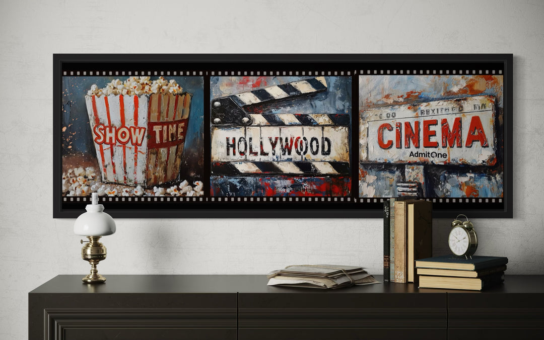 Popcorn, Clapper And Cinema Ticket Collage Framed Canvas Wall Art For Movie Room