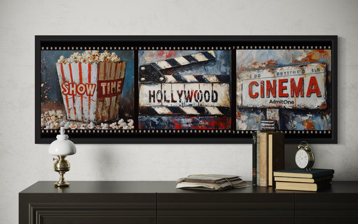 Popcorn, Clapper And Cinema Ticket Collage Framed Canvas Wall Art For Movie Room