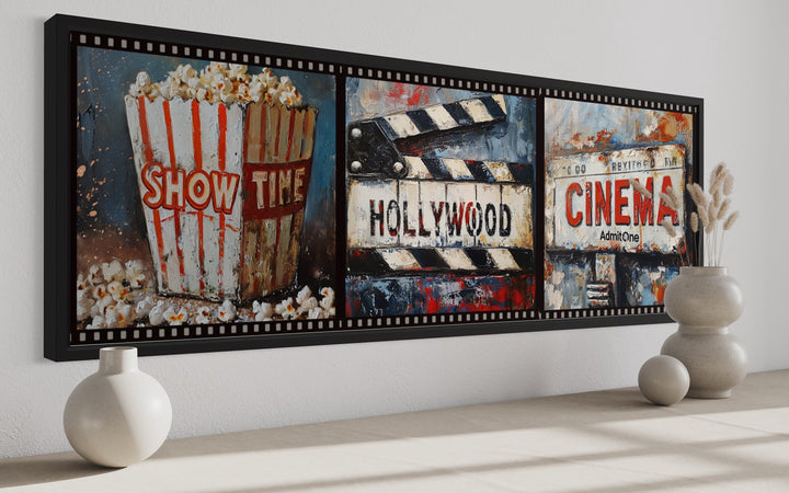 Popcorn, Clapper And Cinema Ticket Collage Framed Canvas Wall Art For Movie Room