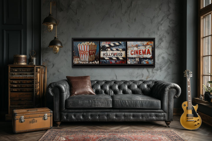 Popcorn, Clapper And Cinema Ticket Collage Framed Canvas Wall Art For Movie Room