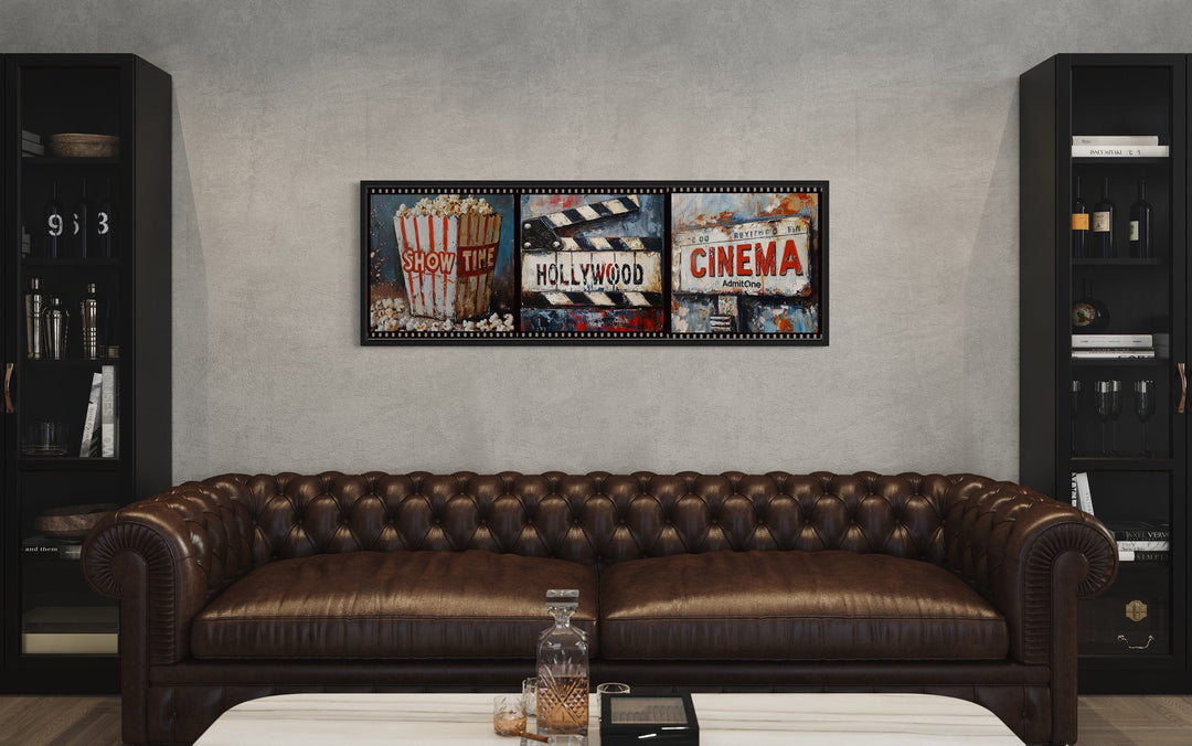 Popcorn, Clapper And Cinema Ticket Collage Framed Canvas Wall Art For Movie Room