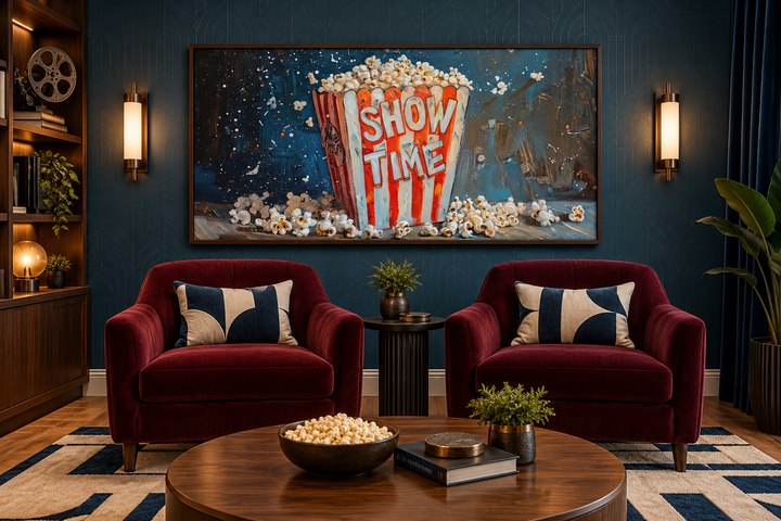 Framed popcorn canvas print centered above two red velvet armchairs in a home theater lounge.