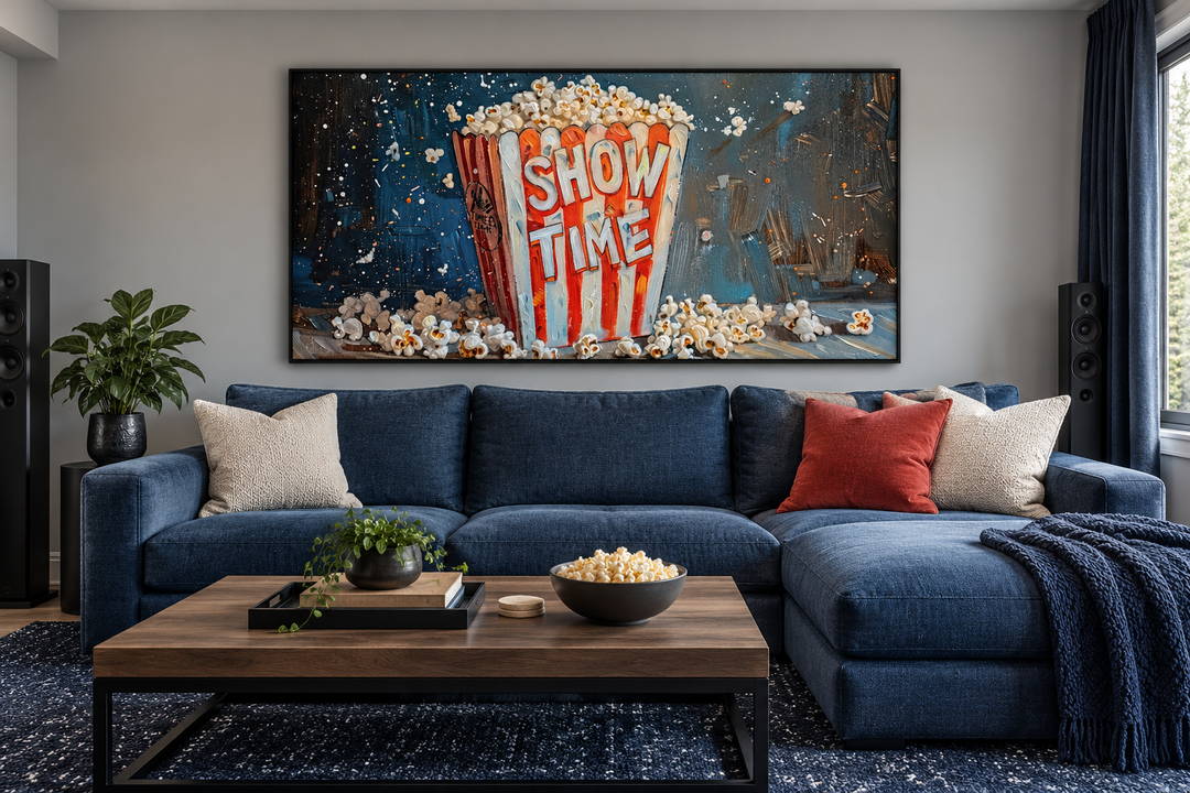 Framed canvas print of a classic popcorn bucket with 'Show Time' text in a modern living room.