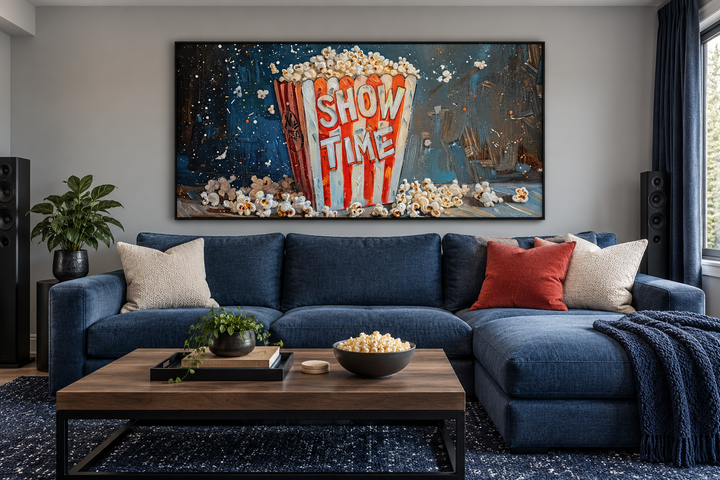 Framed canvas print of a classic popcorn bucket with 'Show Time' text in a modern living room.