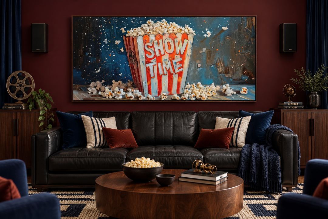 Framed popcorn canvas wall art above a black leather sofa in a burgundy movie room.