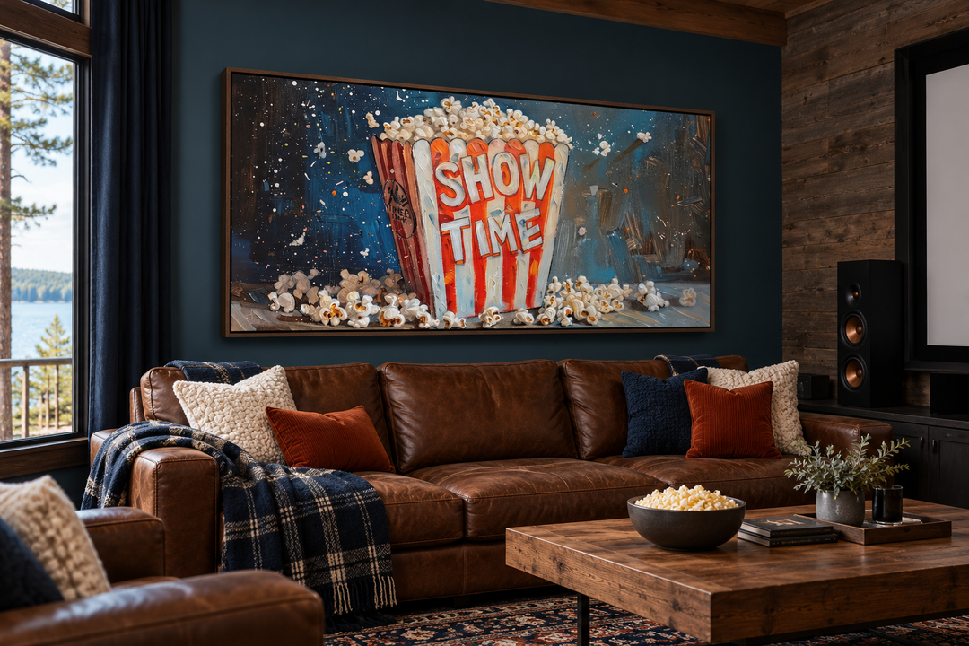 Framed popcorn canvas wall art titled SHOW TIME hanging in a rustic home theater above a brown sofa.