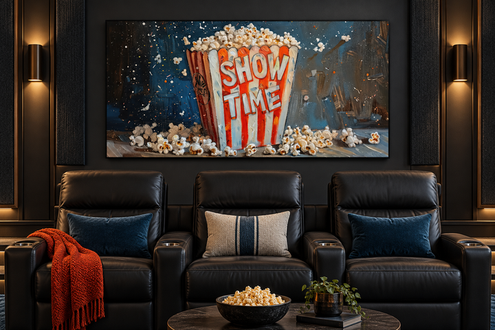 Framed popcorn canvas print titled SHOW TIME above black leather theater recliners.
